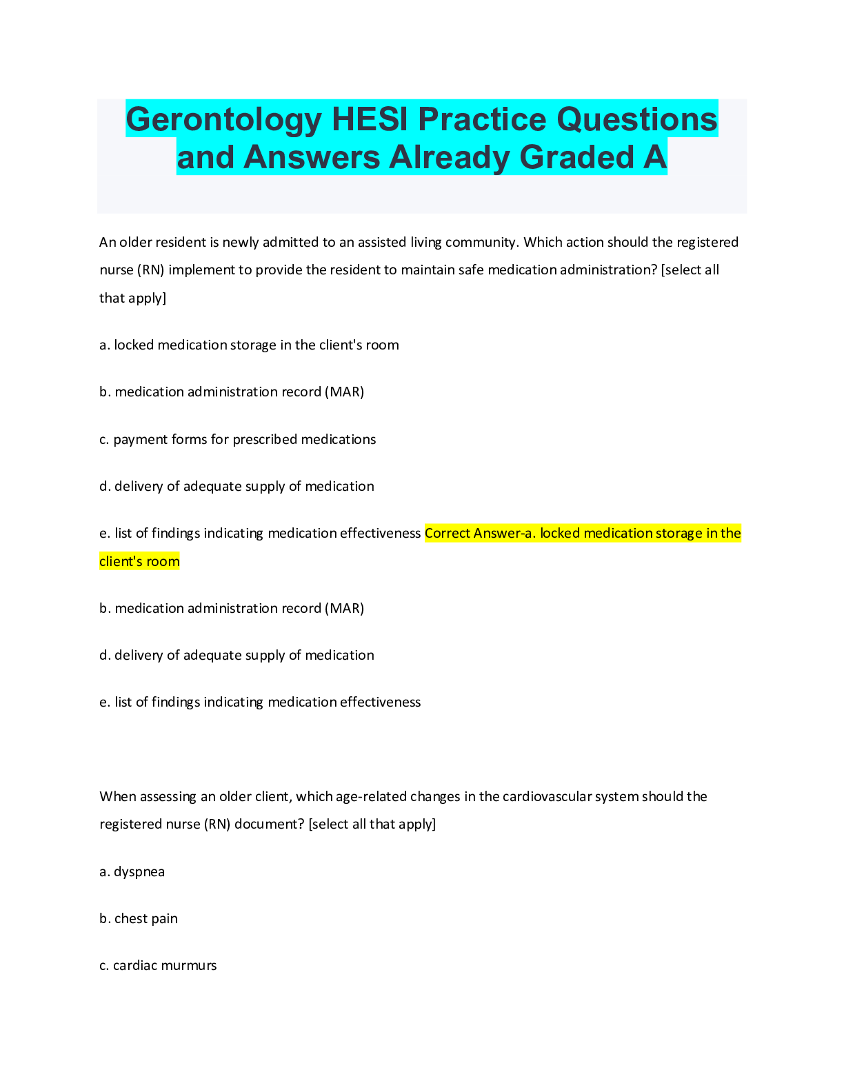 Preview of Gerontology HESI Practice Questions and Answers Already Graded A